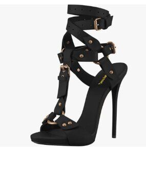 Maiyang Black Open Toe T-Strap Buckled Sandal Stiletto High Heels Sexy Shoes
